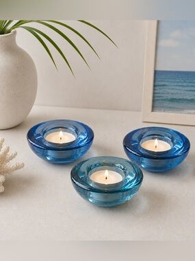 Vintage 1990s IKEA Chunky Blue Glass Candle Holders Trio